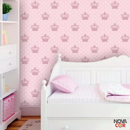 Papel de Parede Infantil Bolinha e Coroa Rosa Branco Adesivo Resistente 3m - 3