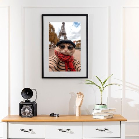 Quadro Selfie Gato em Paris - 60x48cm:moldura Preta