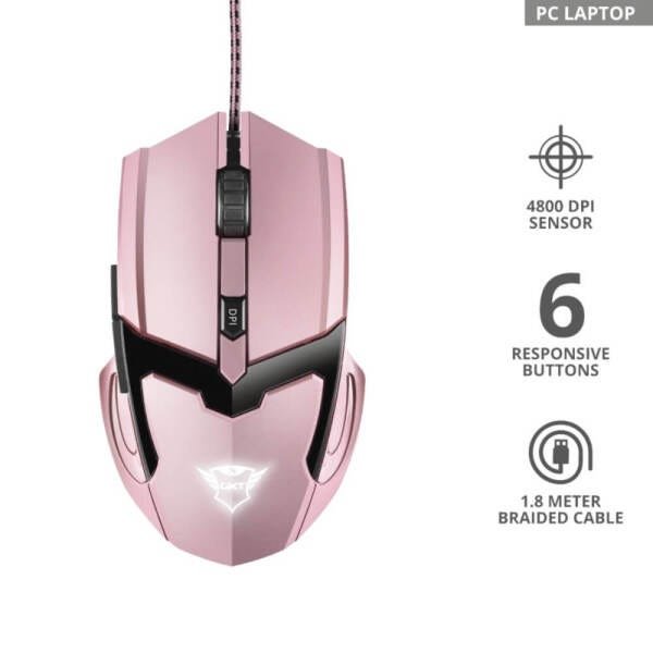 Mouse Gamer Led Gxt 101p Gav Trust Pink Rosa 4800dpi Com 6 Botões - 4