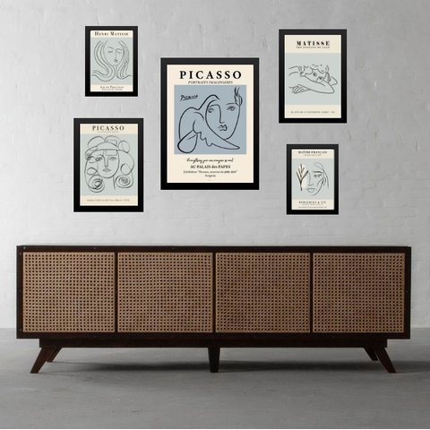 Kit 5 Quadros Obras Matisse Picasso Azuis:madeira Branca