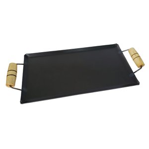 Chapa para Lanches Bifeteira em Aço Carbono Resistente com Alças Madeira 42x22cm para Fogão Fogareir