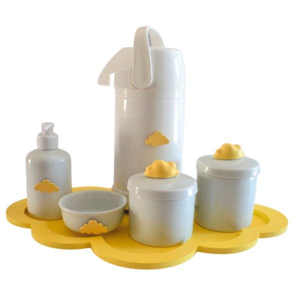 Kit De Porcelanas Bebê Bandeja Nuvem Amarelo + Térmica 500ml + Potes. - 4