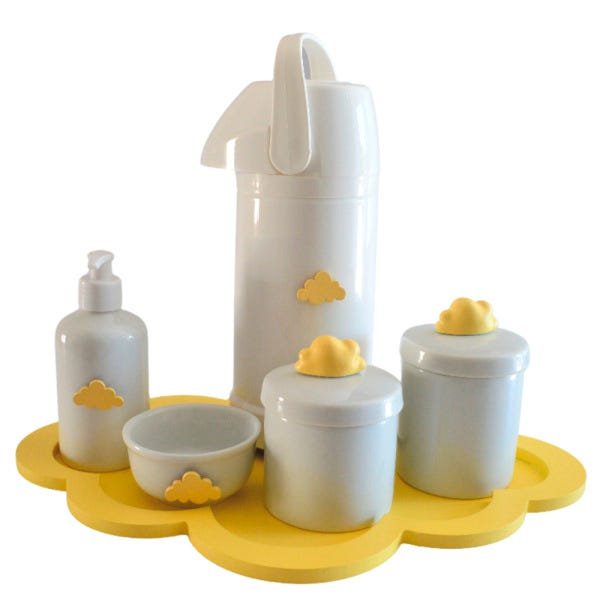 Kit De Porcelanas Bebê Bandeja Nuvem Amarelo + Térmica 500ml + Potes. - 3