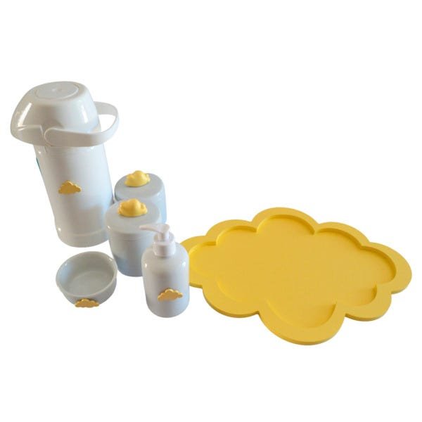 Kit De Porcelanas Bebê Bandeja Nuvem Amarelo + Térmica 500ml + Potes. - 5