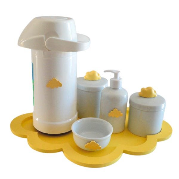 Kit De Porcelanas Bebê Bandeja Nuvem Amarelo + Térmica 500ml + Potes. - 2