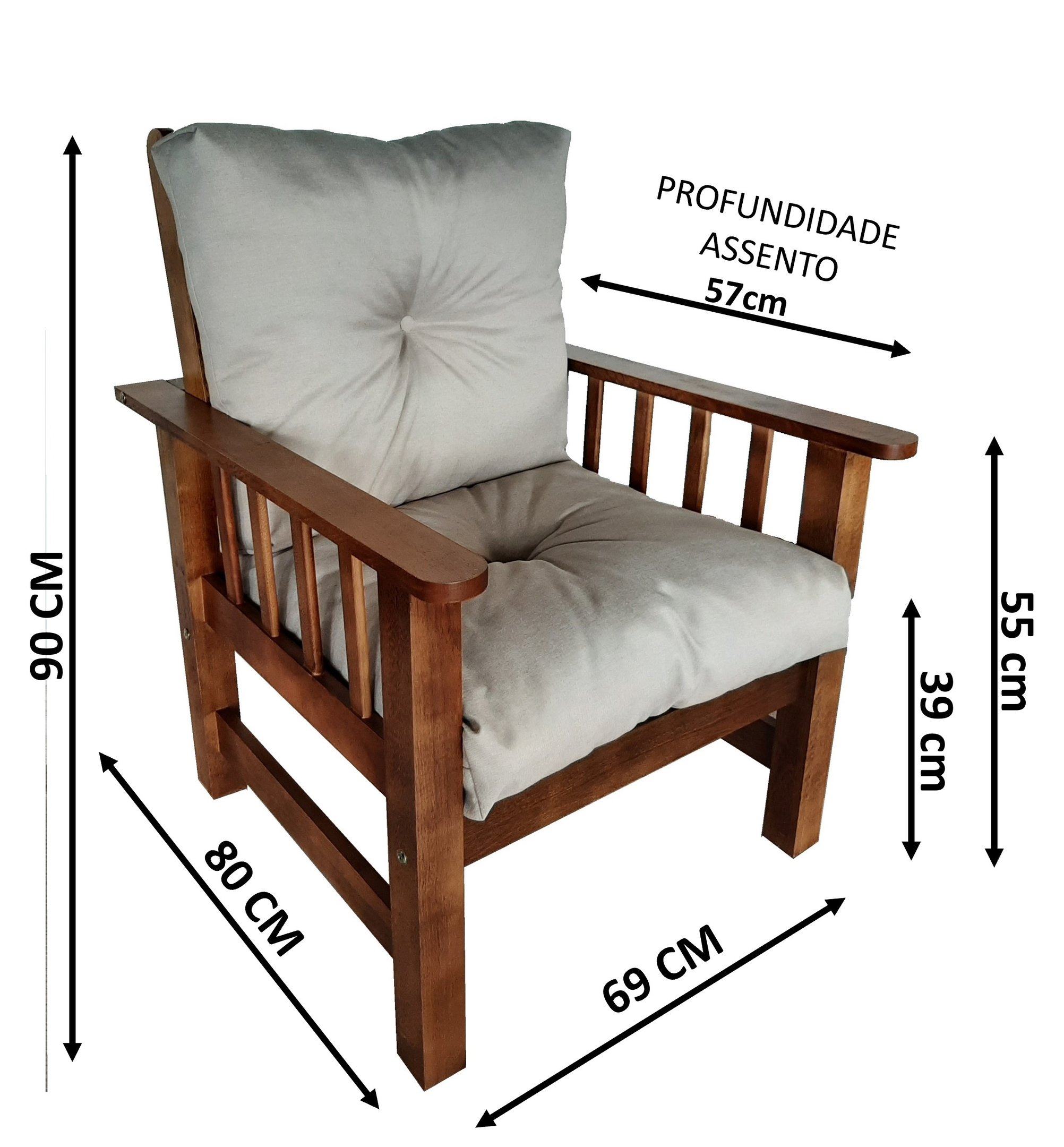 Conjunto Cancún Sofá 3 Lugares e Poltronas de Madeira Banco Super Resistente Liso Creme - 4