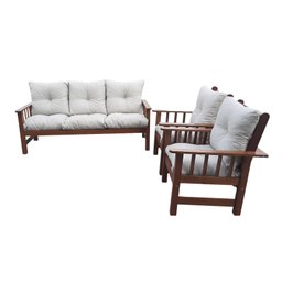 Conjunto Cancún Sofá 3 Lugares e Poltronas de Madeira Banco Super Resistente Liso Creme - 11