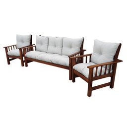 Conjunto Cancún Sofá 3 Lugares e Poltronas de Madeira Banco Super Resistente Liso Creme - 8