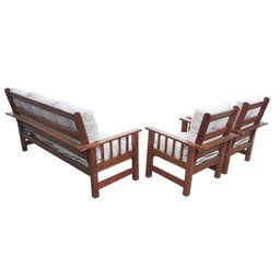 Conjunto Cancún Sofá 3 Lugares e Poltronas de Madeira Banco Super Resistente Liso Creme - 2