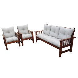 Conjunto Cancún Sofá 3 Lugares e Poltronas de Madeira Banco Super Resistente Liso Creme - 1