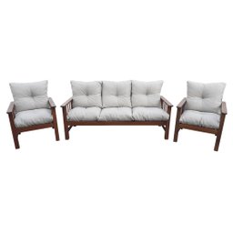 Conjunto Cancún Sofá 3 Lugares e Poltronas de Madeira Banco Super Resistente Liso Creme - 3