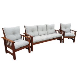 Conjunto Cancún Sofá 3 Lugares e Poltronas de Madeira Banco Super Resistente Liso Creme - 7