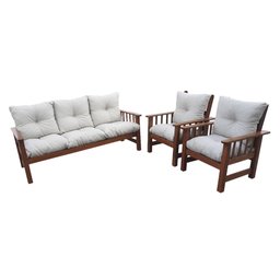 Conjunto Cancún Sofá 3 Lugares e Poltronas de Madeira Banco Super Resistente Liso Creme - 10