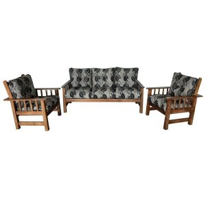 Conjunto Cancún Sofá 3 Lugares e Poltronas de Madeira Banco Super Resistente Estampa Floral Preta