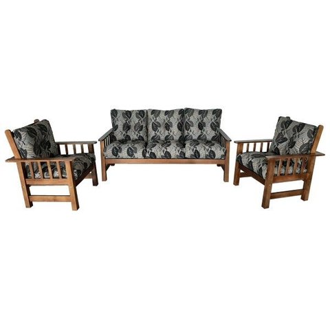 Conjunto Cancún Sofá 3 Lugares e Poltronas de Madeira Banco Super Resistente Estampa Floral Preta