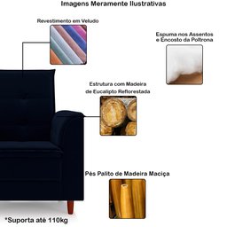 Poltrona Decorativa Estofada Confortável Sala Miley Veludo:azul Marinho - 4