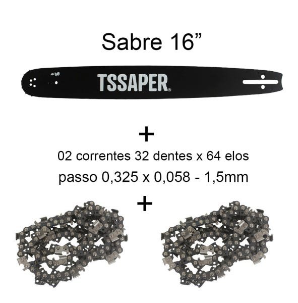 Kit 1 Sabre 16 + 2 Correntes Motosserra Tekna Cs46 32 Dentes 64 elos 0,325 x 0,058 1,5mm kit tssaper - 4
