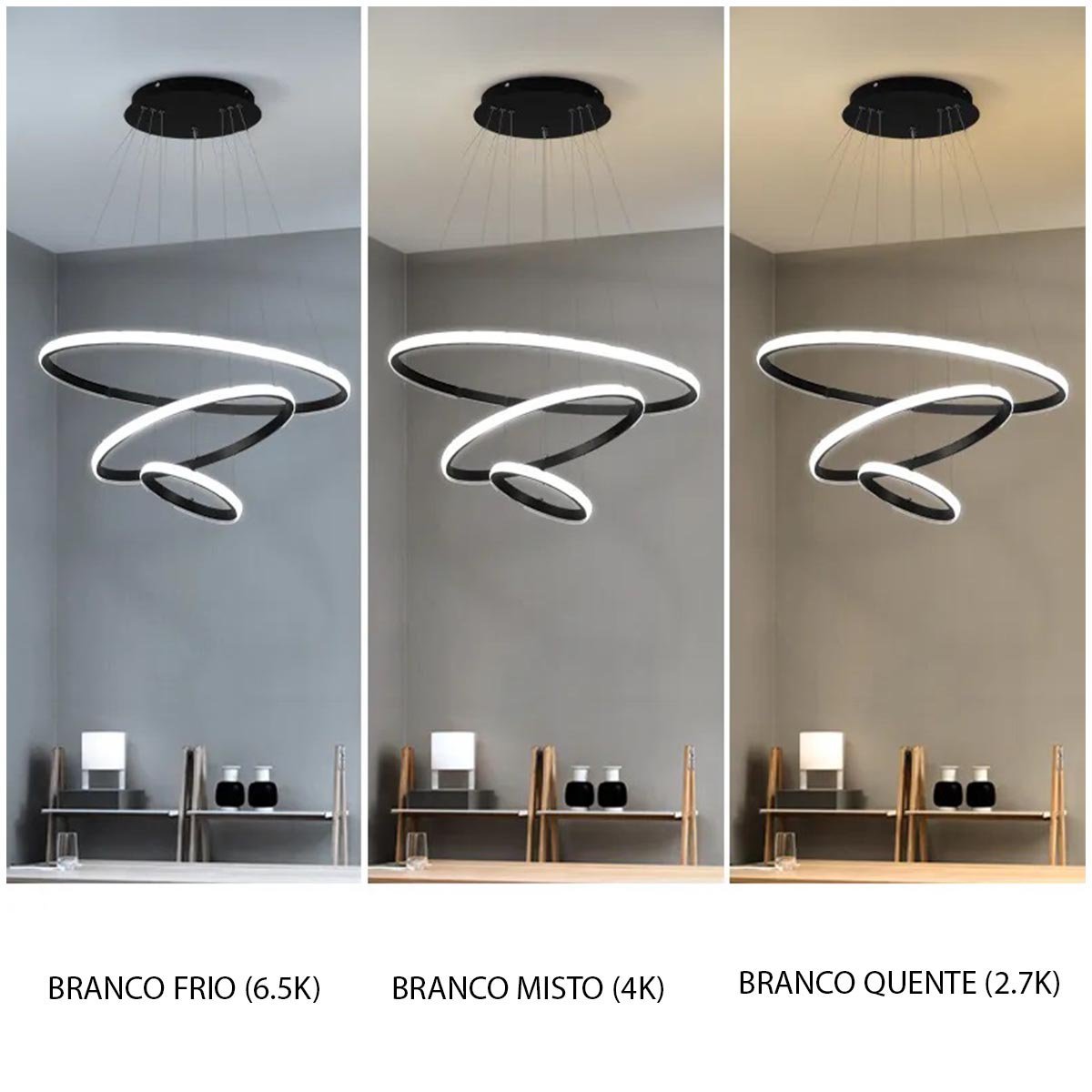 Lustre Pendente Luminaria 3 Arcos Aneis Perfil Luxo Infinito 48W Regulavel 3 Em 1 Decoraçao Sala Est - 11