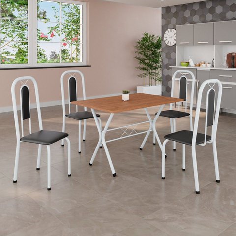 Conjunto de Mesa Tubular 100cm x 60cm Tampo em MDF com 4 Cadeiras Lívia Branco/Preto Liso