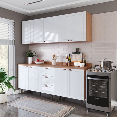 Cozinha Pérola 200cm 4 Peças com Tampo Branco/Freijó Yescasa
