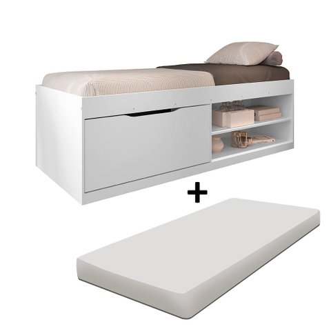 Cama Bau Solteiro com Colchão e Sapateira Embutida Branco Vanessa Framar