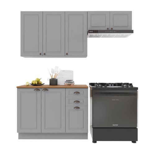 Cozinha 3 Peças Balcão com Tampo + Rodapé, Armário 3 Portas e Geladeiratitânio Fosco Amoudi
