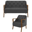 Ver imagem 1 de Kit Sofá 02 Lugares Sala Estar 135cm Com Poltrona Coral Pés De Madeira M03 Linho Chumbo - Lyam