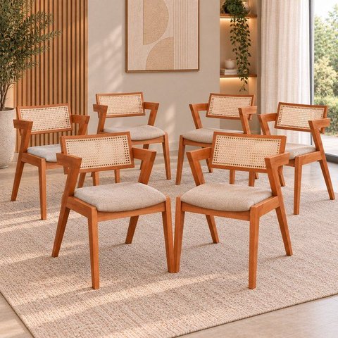 Kit 6 Cadeiras Madeira Maciça Rattan de Fibra Natural Estofada Verona Espresso Móveis