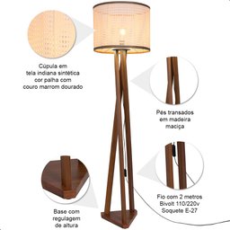 Luminária de Chão Estrela com Pés de Madeira e Tela Indiana Borda Marrom 162cm - 7