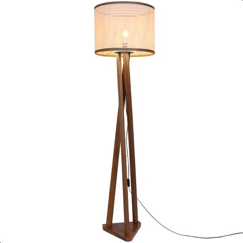 Luminária de Chão Estrela com Pés de Madeira e Tela Indiana Borda Marrom 162cm