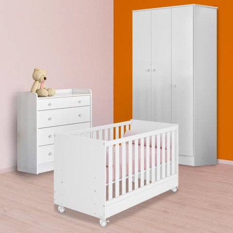 Conjunto Berço Mini Cama, Guarda Roupa e Cômoda Trocador Branco