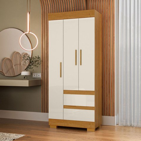 Guarda-Roupa Solteiro Maya 3 Portas 2 Gavetas Off White/Cinamomo - ACP Móveis