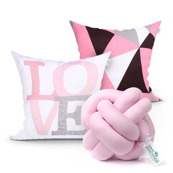 Capa Almofada para Cama Quarto Love Estampada Rosa Kit 2 Capas 45cm x 45cm + Almofada Nó Escandinavo