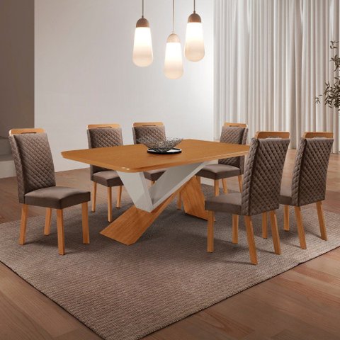 Mesa de Jantar Yasmin 180cm Tampo MDF Canto Copo Laminado e 6 Cadeiras Lorena