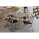 Ver imagem 1 de Conjunto: Mesa Sala Jantar Elba Tampo Madeirado C/ Vidro 120cm e 6 Cadeiras Holanda Niquel/freijo