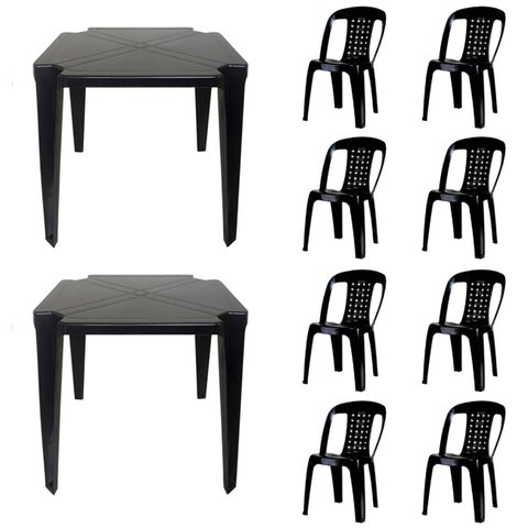 2 Mesas Quadradas Plástico Monobloco 70cm Preta + 8 Cadeiras Vime Empilhável