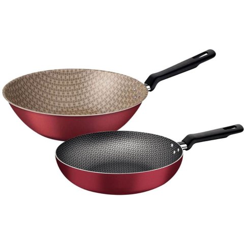 Jogo Frigideira Funda e Wok Alumínio Antiaderente Tramontina Loreto Vermelho Cozinha