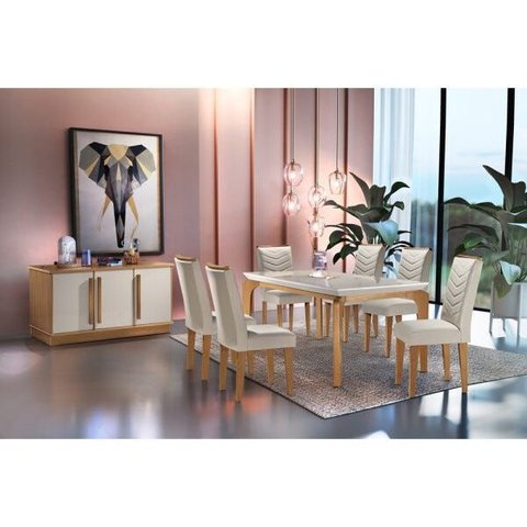 Conjunto Sala de Jantar Liz Tampo Mdf Vidro com 6 Cadeiras Rufato
