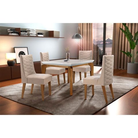 Sala de Jantar Liz 120 Tampo MDF Canto Reto com 4 Cadeiras Safira Rufato
