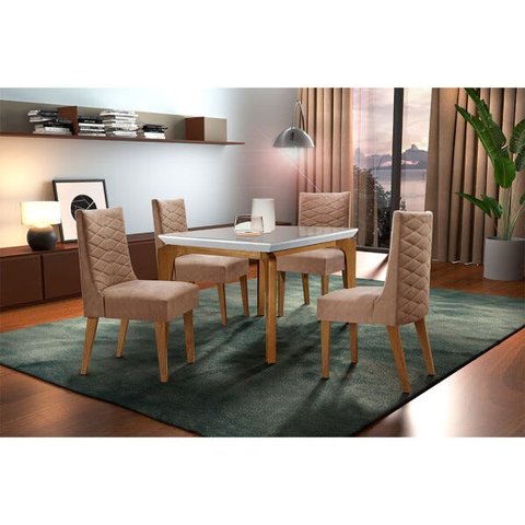 Sala de Jantar Liz 120 Tampo MDF com Vidro 4 Cadeiras Safira Rufato