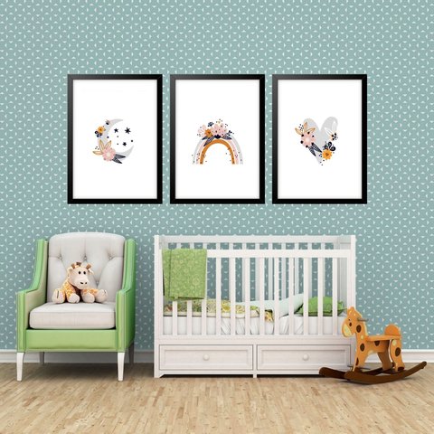 Kit 3 Quadros Grandes Quarto Infantil Flores 60x48cm:moldura Branca