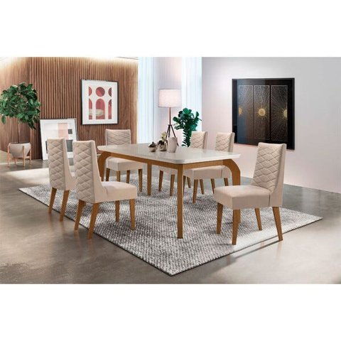 Sala de Jantar Liz 180 Tampo Mdf Canto Reto com 6 Cadeiras Safira Rufato