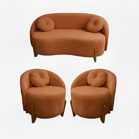 Kit 01 Sofá+ 02 Poltronas Orgânicos c/ Almofadas Curvo Sala Recepção Amsterdã Boucle Terracota