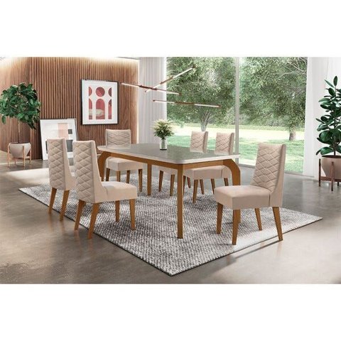 Sala de Jantar Liz 180 Tampo Mdf com Vidro Canto Reto 6 Cadeiras Safira Rufato