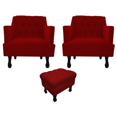 Kit 2 Poltronas Decorativa Julia + Puff Luis Xv Suede Vermelho Pés Madeira Mz Decor