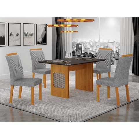 Conjunto Sala de Jantar Lara 1,20m Tampo Vidro Chumbo com 4 Cadeiras Clara Plus Cinamomo/Linho Cinza