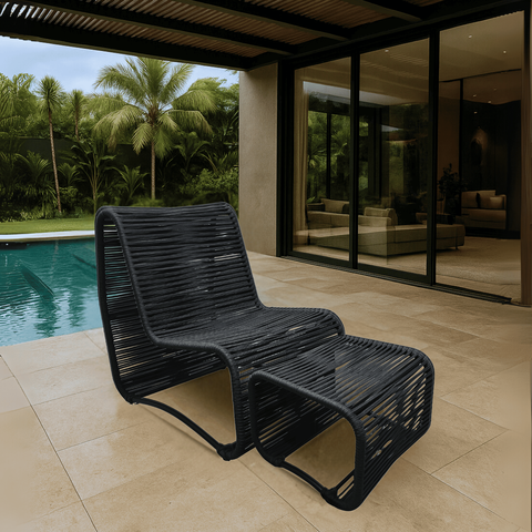 Poltrona Lotus com Puff para Jardim Varanda Gourmet Moderrna em Aço e Corda Náutica Resistente