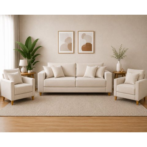 Conjunto Lisboa Linho Off Premium - Sofá 1.80 m + 2 Poltronas