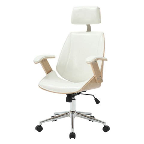 Cadeira Escritório Giratória Presidente Lisboa Rivatti Madeira Natural C/ Pu Branco Base Aço