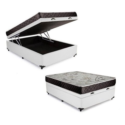 Cama Box Baú Casal Sonho Sintético Branco + Colchão Casal Sonho Espuma D33 com Eps 20x138x188